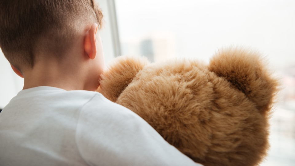 Barn håller i en brun stor nallebjörn och tittar ut genom ett fönster