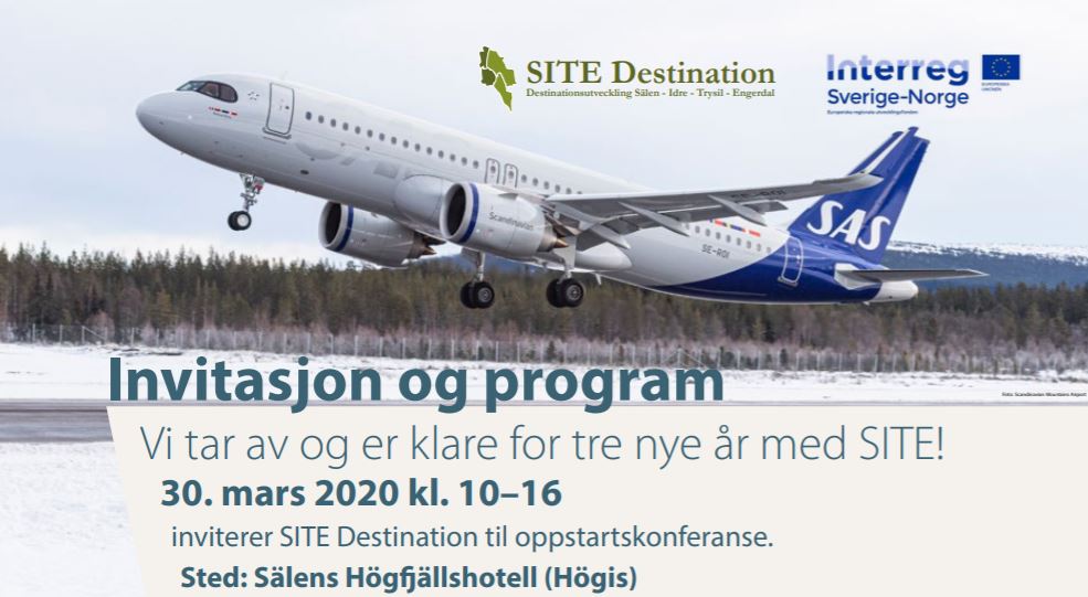 Flygplan som lyfter från Scandinavian Mountains Airport med tSITE och Intereg logotyper. Även inbjudningstext på norska. 