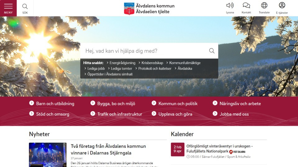 Skärmbild av Älvdalens kommunwebbs startsida