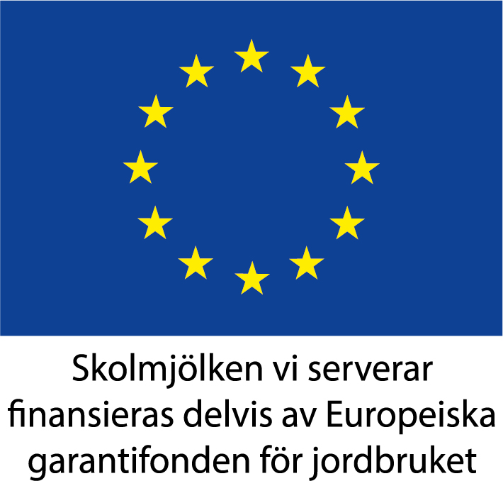 EU-logga med texten: Skolmjölken som vi serverar finansieras delvis av Europeiska garantifonden för jordbruket