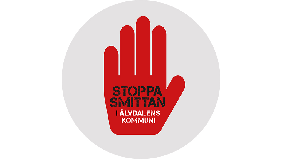 Illustration med en röd hand med texten Stoppa smittan i Älvdalens kommun
