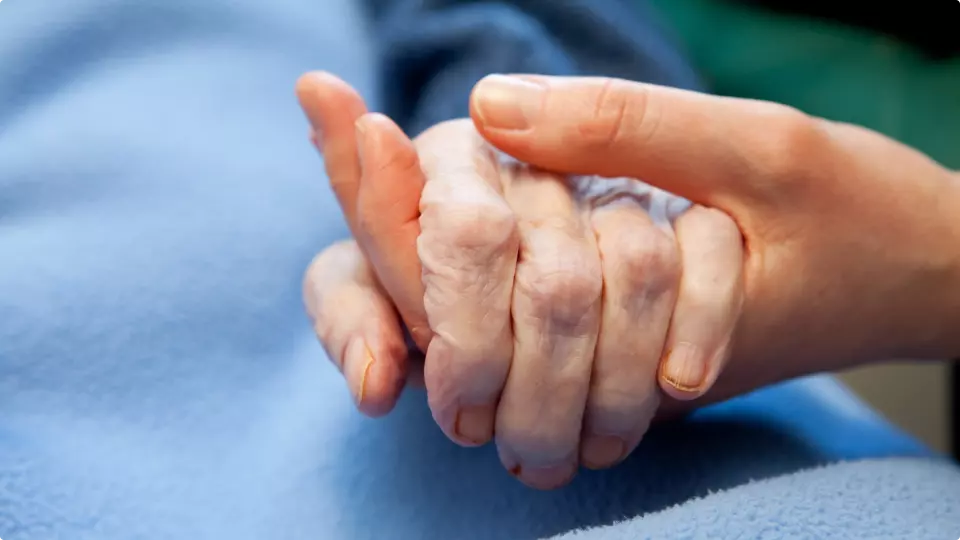 Närbild på en ung hand som håller en äldre hand