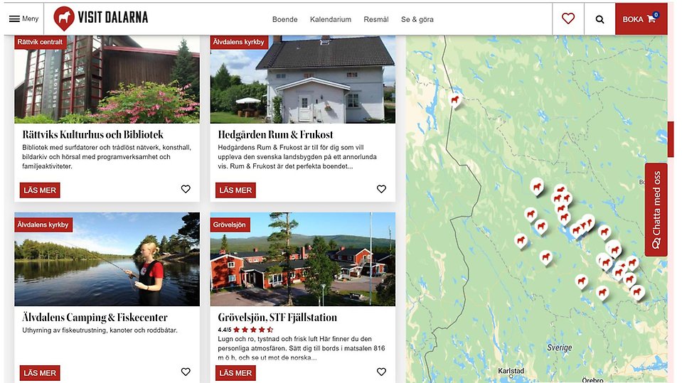 Skärmdump som visar en karta med InfoPoints i Dalarna, bilder och länkar till InfoPoints i Älvdalens kommun