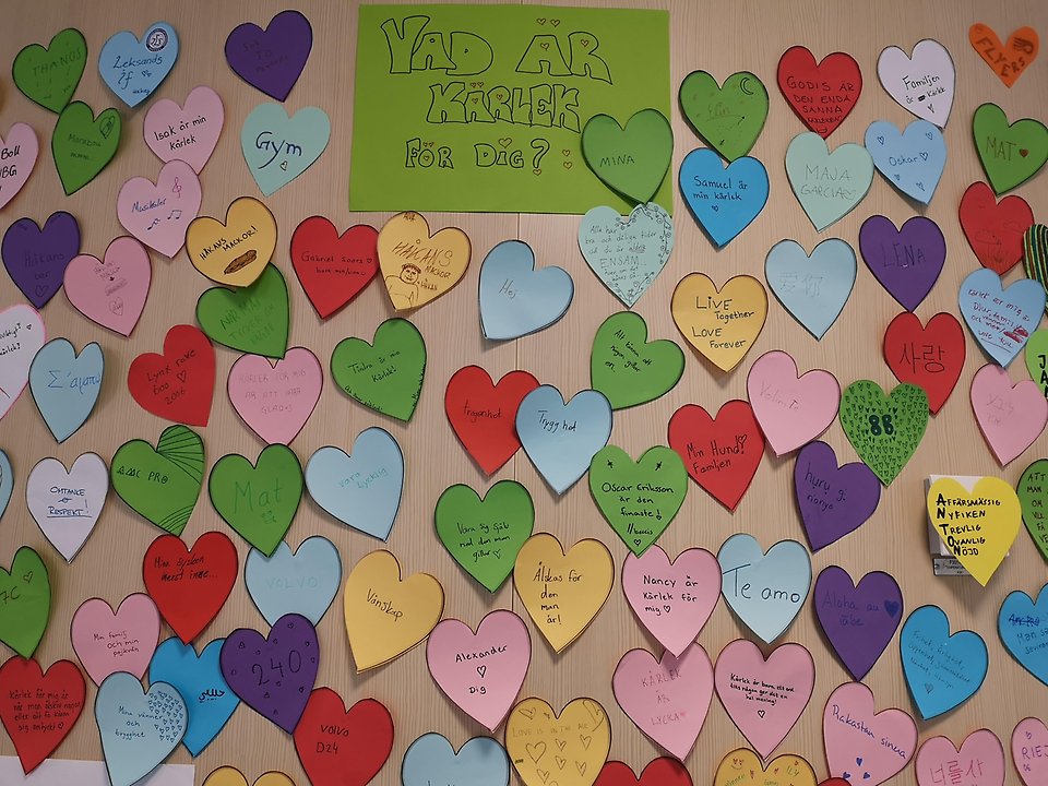 Pappershjärtan på vägg, med texten "Vad är kärlek för dig?"