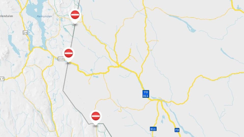 Kartbild över gränsen mellan Älvdalens kommun och Norge. Bild från norska Trafikverket (vegvesen.no).